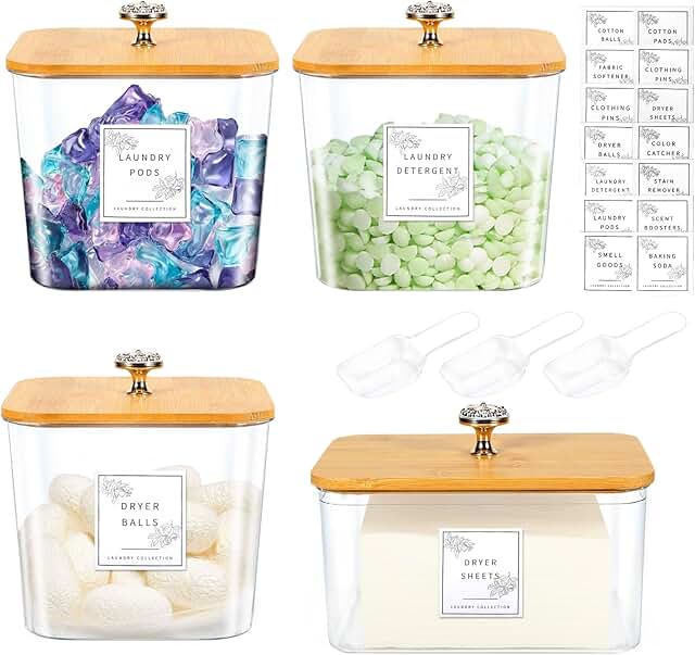 Set of four laundry storage containers with lids and labels