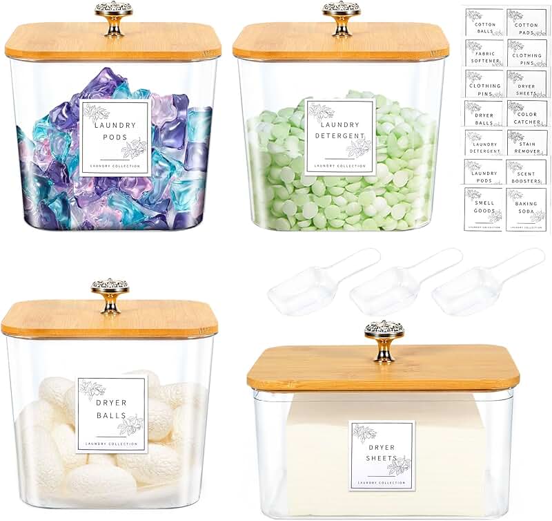 Set of four laundry storage containers with lids and labels