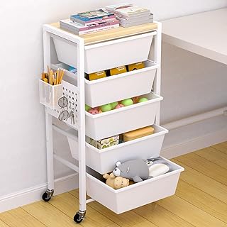 Rolling Storage Cart with Drawers and Wooden Top
