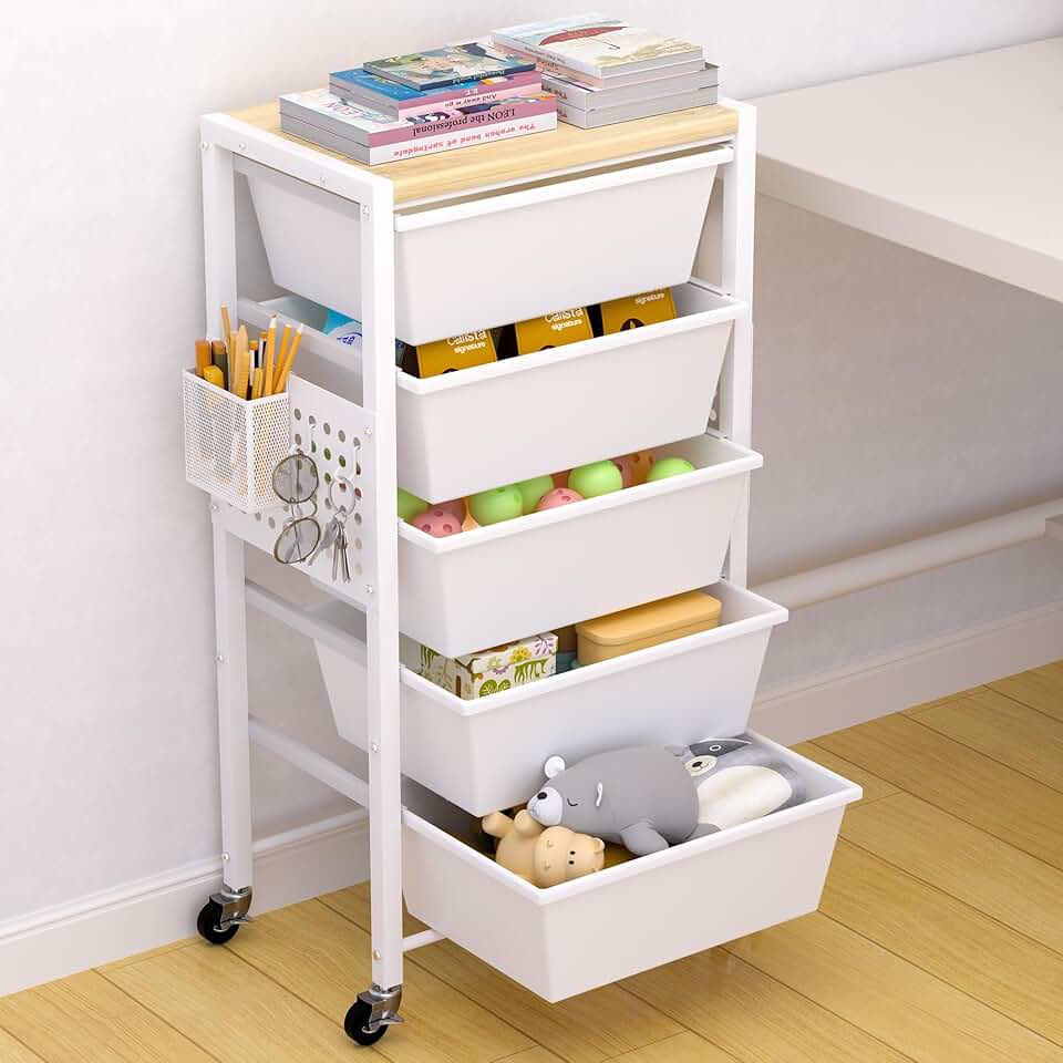 Rolling Storage Cart with Drawers and Wooden Top