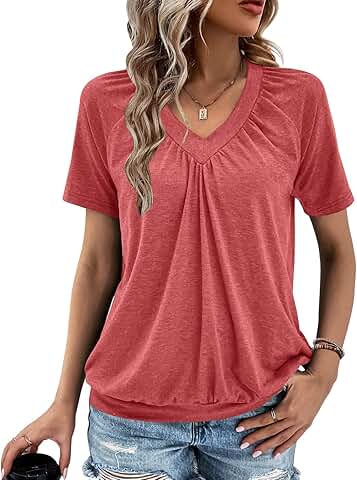 Summer women's short sleeve V-neck casual loose fit top