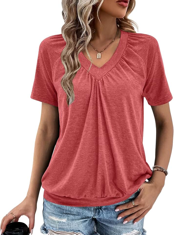 Summer women's short sleeve V-neck casual loose fit top