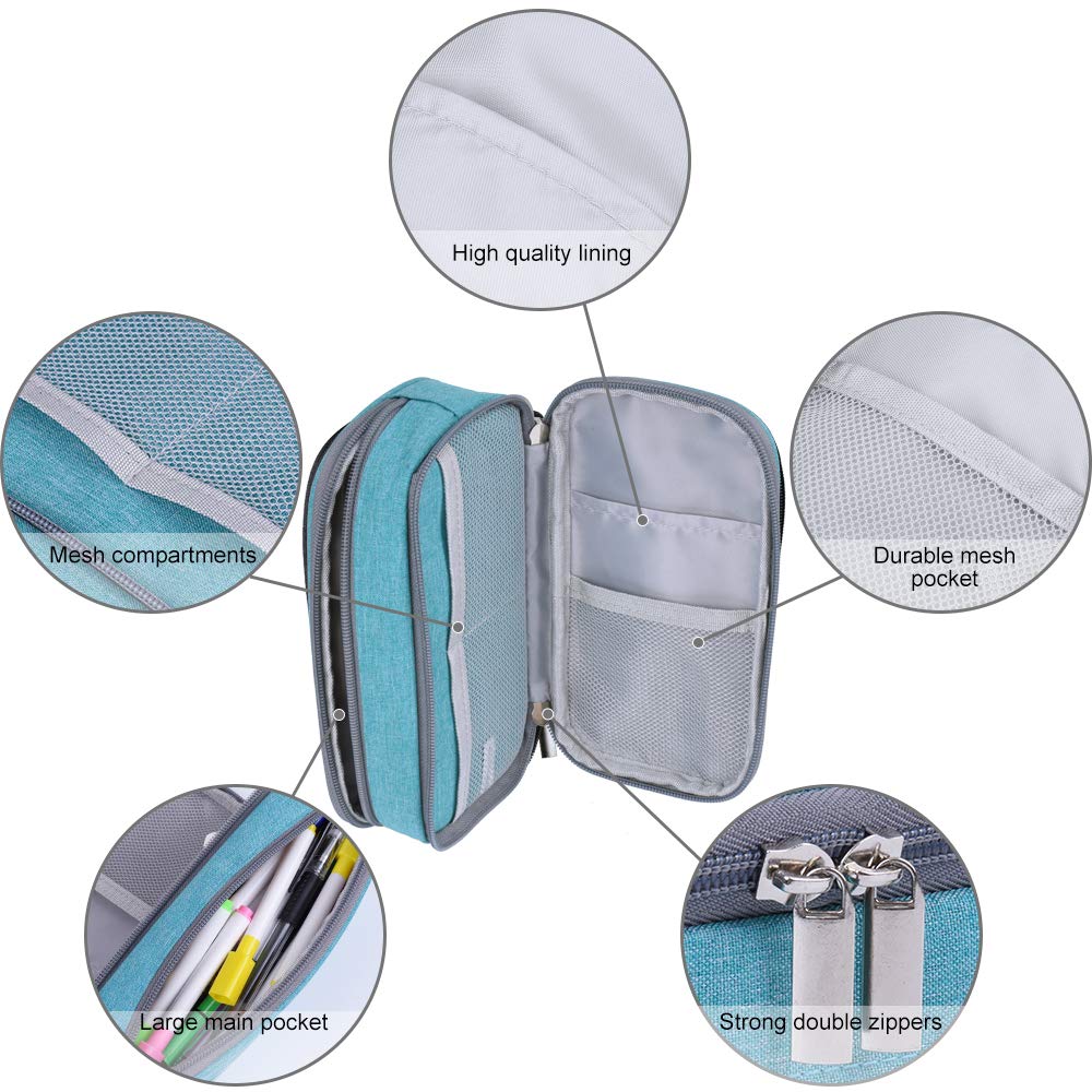 Large Light Blue Multi-Compartment Pencil and Makeup Bag