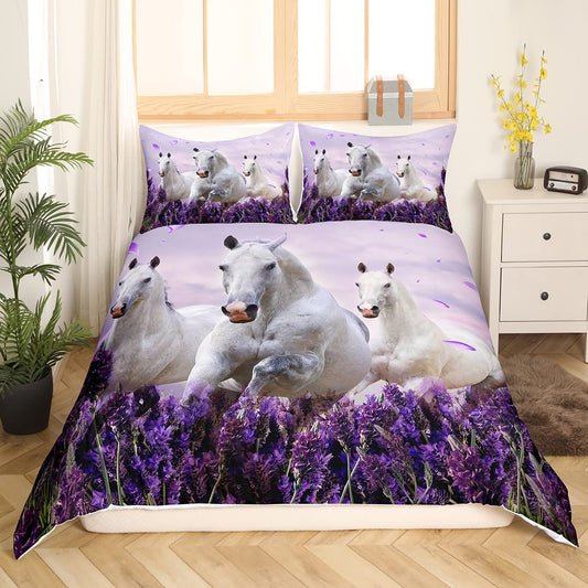 Boys Horse Twin Size Comforter Cover Set,Kids Romantic Lavender Flower Bedding Sets for Girls Teens, loping Horse Duvet Cover,3D Wild Animal Decor Quilt Cover Set Bedroom 2Pcs Purple