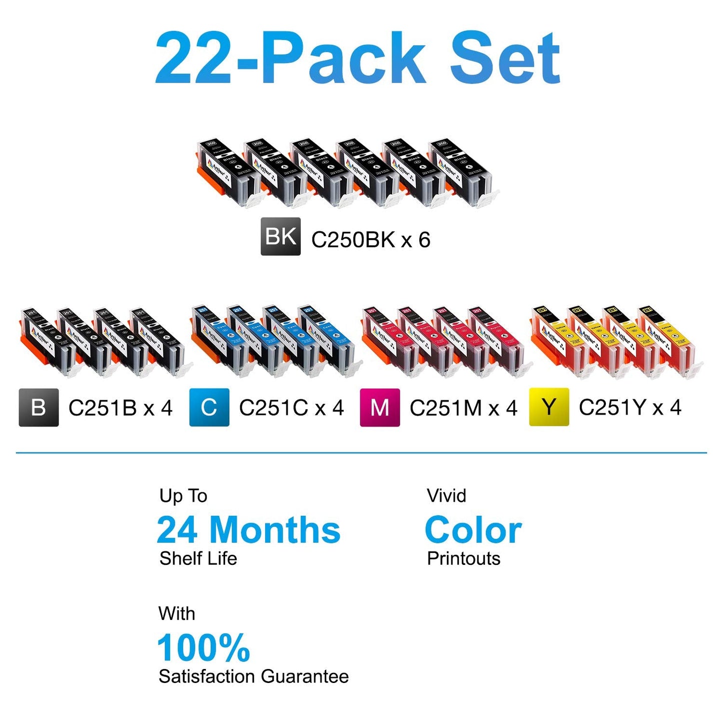 Compatible Ink Cartridge Replacement for Canon Pgi-250Xl CLI-251XL for Use with Pixma MX922 MG5520 (6 Large Black, 4 Small Black, 4 Cyan, 4 Yellow, 4 Magenta, 22-Pack)
