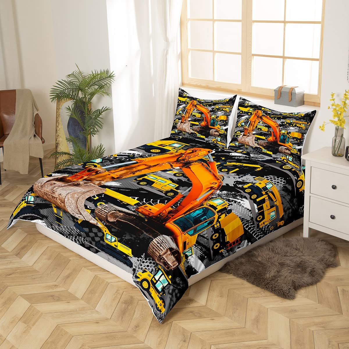 Children Excavator Duvet Cover Set Twin Size Teens Cartoon Truck Bedding Set 2pcs for Kids Room Decor Boys Construction Vehicle Comforter Cover with 1 Pillowcase Yellow Car Bedspread