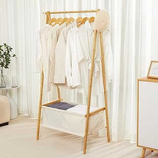 Bamboo Clothes Rack with Storage Box for Entryway and Bedroom
