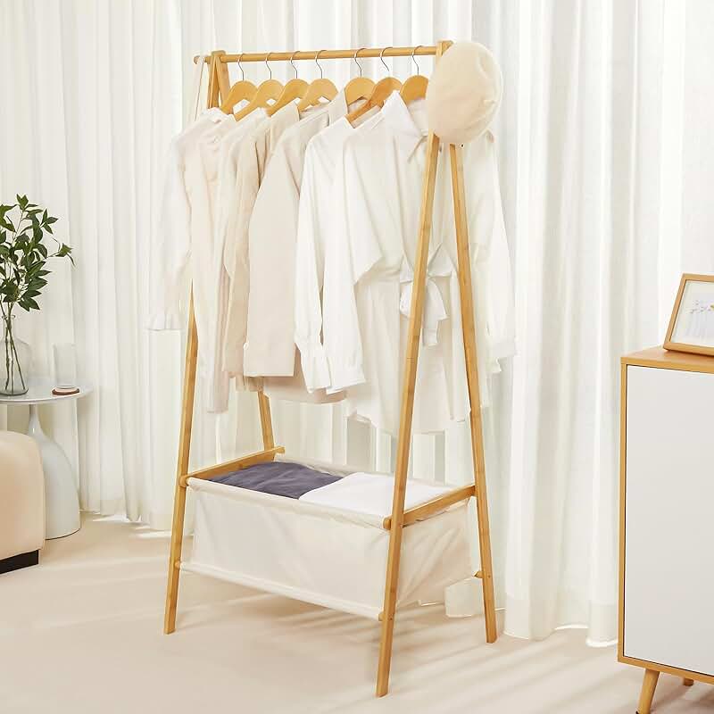 Bamboo Clothes Rack with Storage Box for Entryway and Bedroom