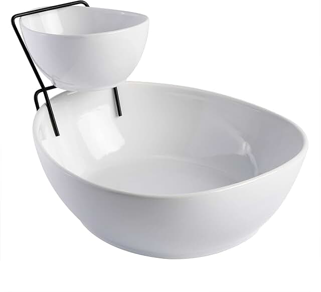 White 3-Piece Chip and Dip Set with Metal Rack