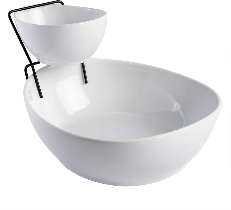 White 3-Piece Chip and Dip Set with Metal Rack