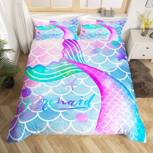Fish Scale Duvet Cover Set Mermaid Fish Scale Bedding Set 3pcs for Kids Boys Girls Watercolor Mermaid Comforter Cover Sealife Bedspread Cover with 2 Pillow Cases(No Comforter) King Size