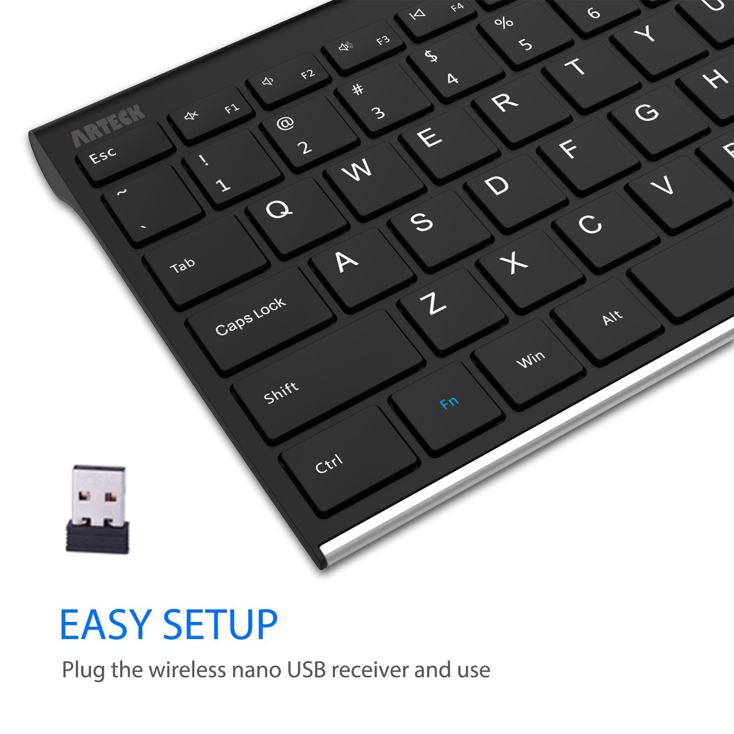 2.4G Wireless Keyboard Stainless Steel Ultra Slim Full Size Keyboard with Numeric Keypad for Computer/Desktop/PC/Laptop/Surface/Smart TV and Windows 10/8/ 7 Built in Rechargeable Battery