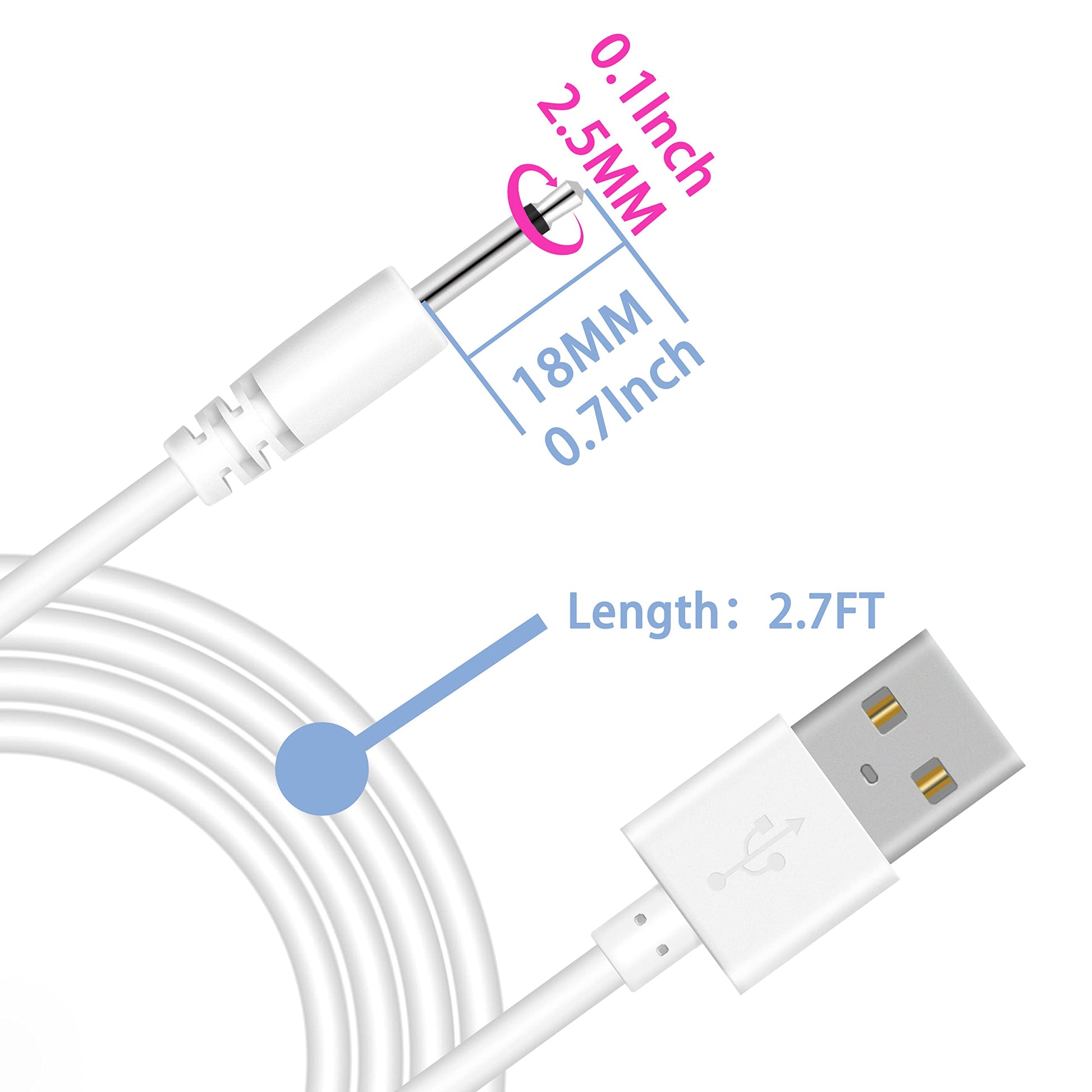 2.7Ft USB DC Charging Cable 2.5mm DC Charger Cord Fast Charging Replacement Cable - 2 Pack