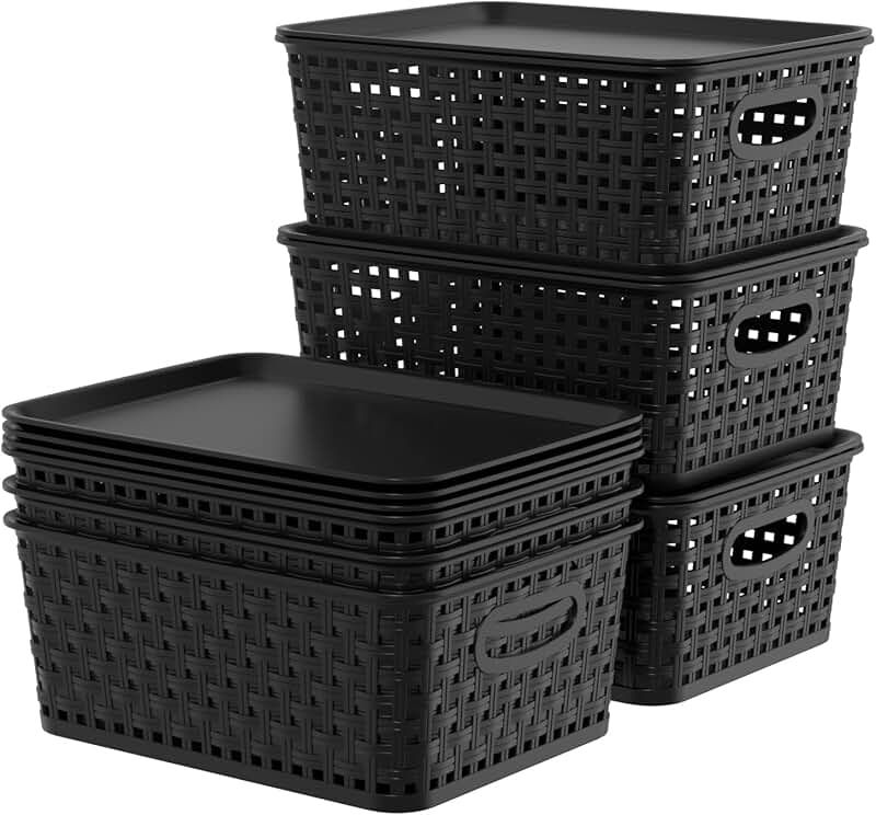 Six Black Plastic Storage Baskets with Lids