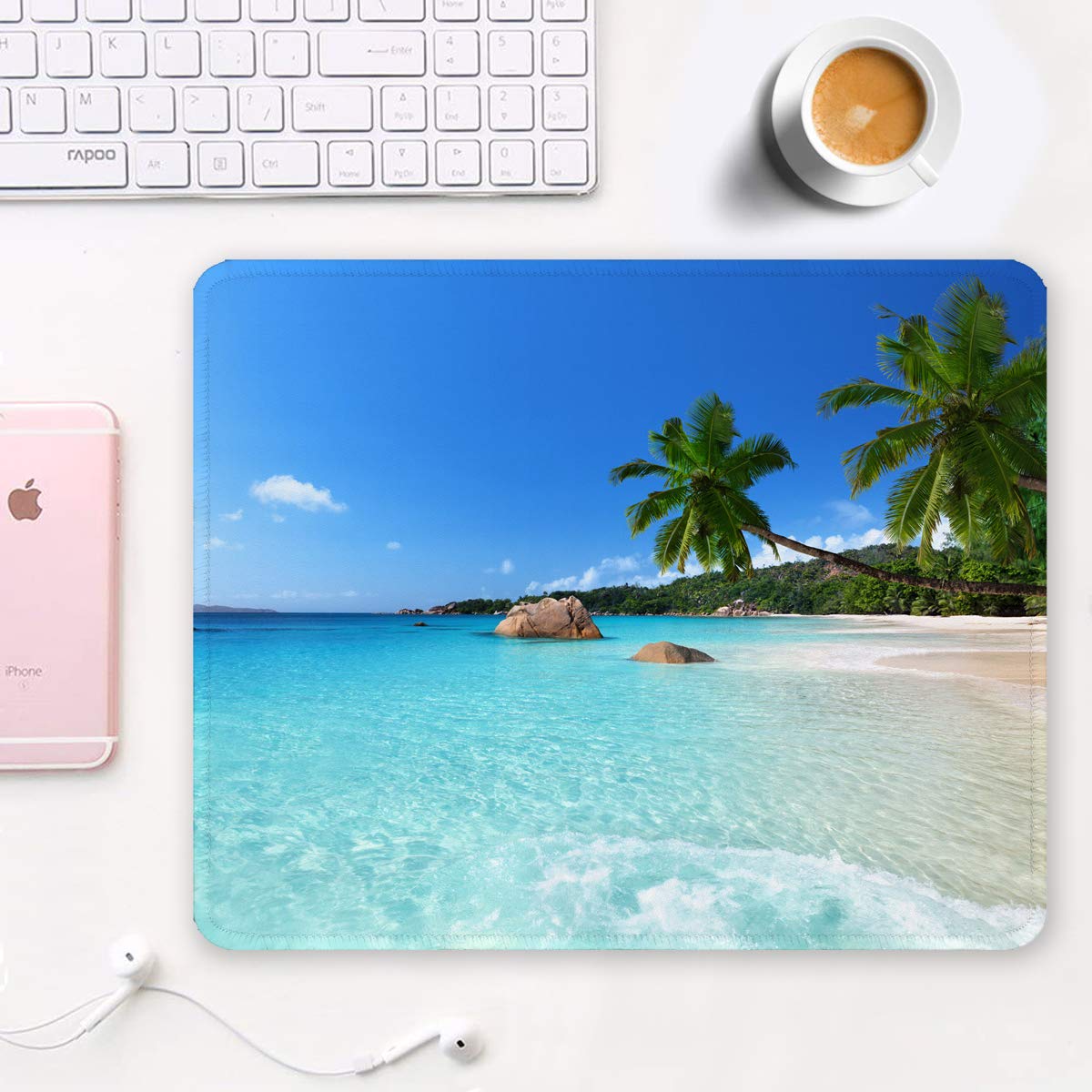 Mouse Pad, Square Beach Style Anti-Slip Rubber Mousepad with Durable Stitched Edges for Gaming Office Laptop Computer PC Men Women Kids, Cute Custom Pattern, Beach and Coconut Trees Design