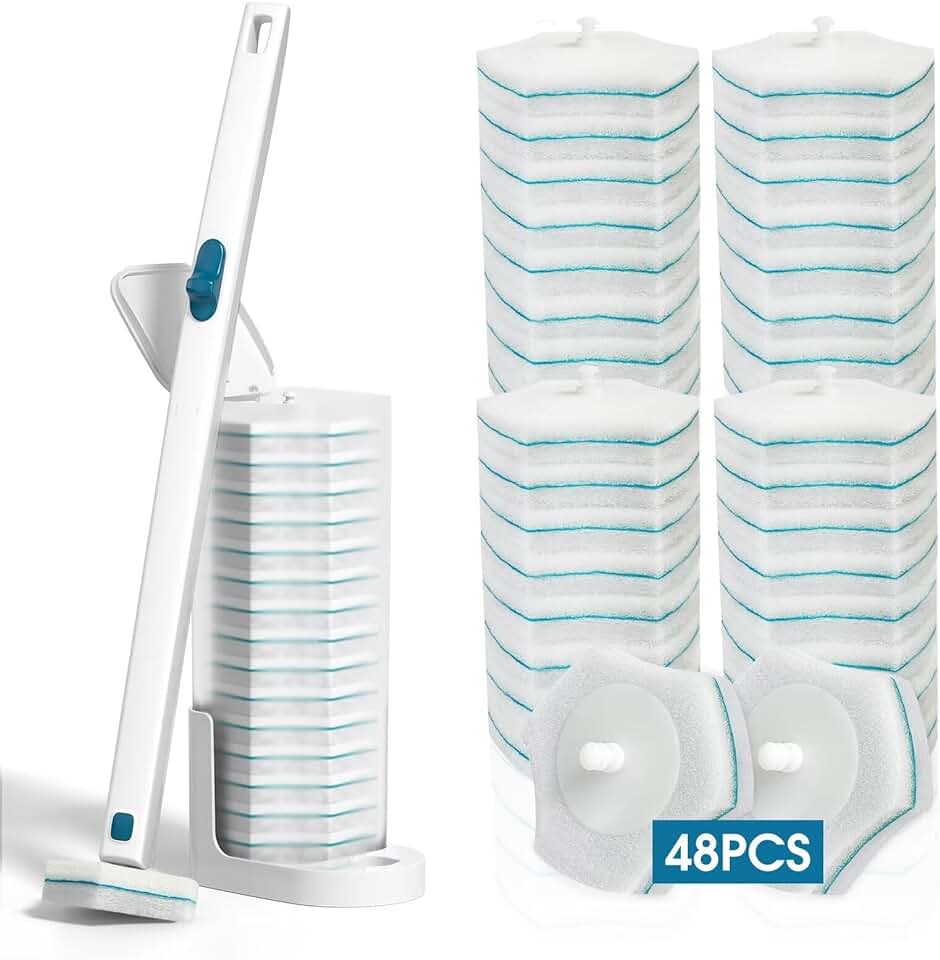 Disposable Toilet Brush Set with 48 Refills and Storage Caddy
