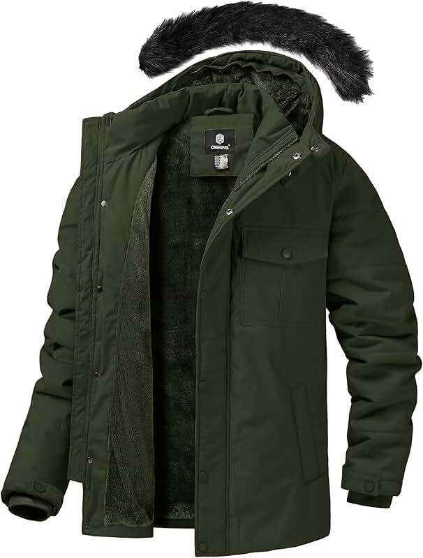 Men's Puffy Winter Coat with Fur Hood and Waterproof Protection