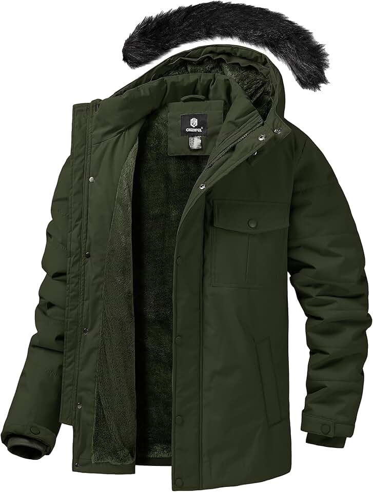 Men's Puffy Winter Coat with Fur Hood and Waterproof Protection