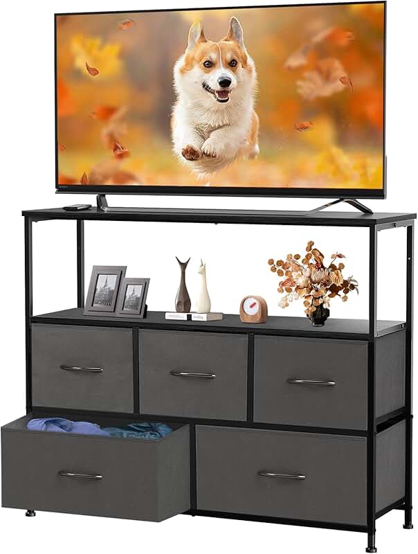 DUMOS TV Stand with 5 Fabric Storage Drawers
