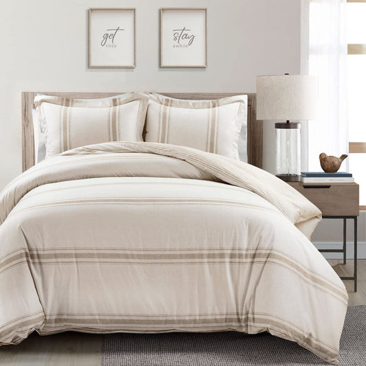 Farmhouse Stripe Reversible Cotton Duvet Cover 3 Piece Set, King, Neutral