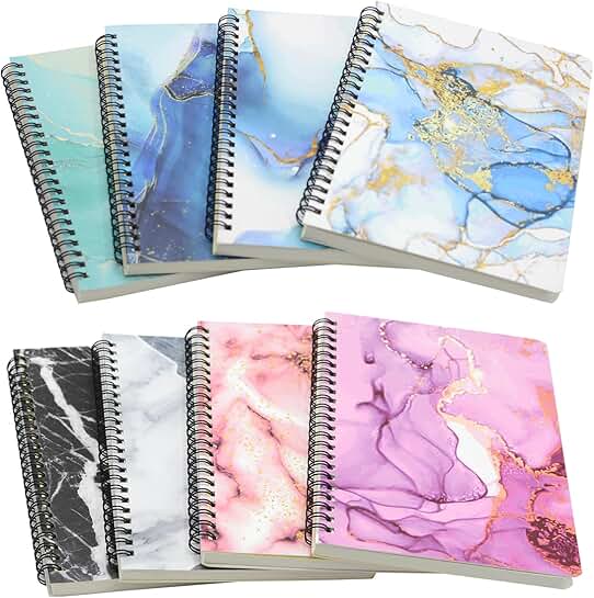 Set of 8 Marble Hardcover Spiral Notebooks, 80 Sheets