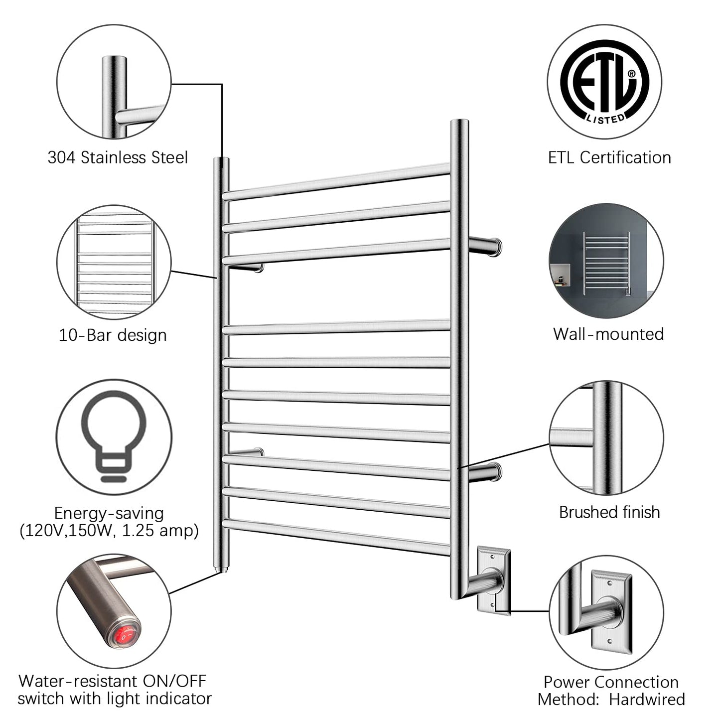 HEAT E Hot Towel Warmer for Bath Hardwired Heated Drying Rack Brushed Polish