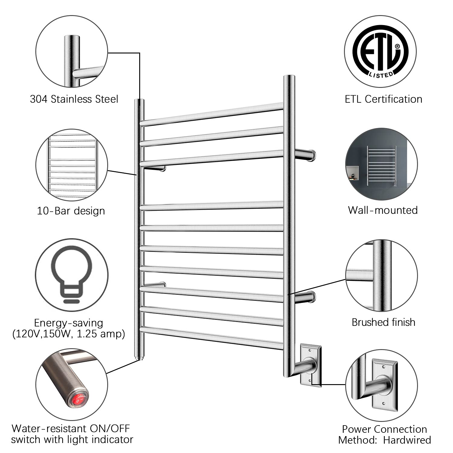 HEAT E Hot Towel Warmer for Bath Hardwired Heated Drying Rack Brushed Polish