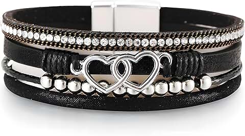 Leather Heart Wrap Bracelet with Beads for Women