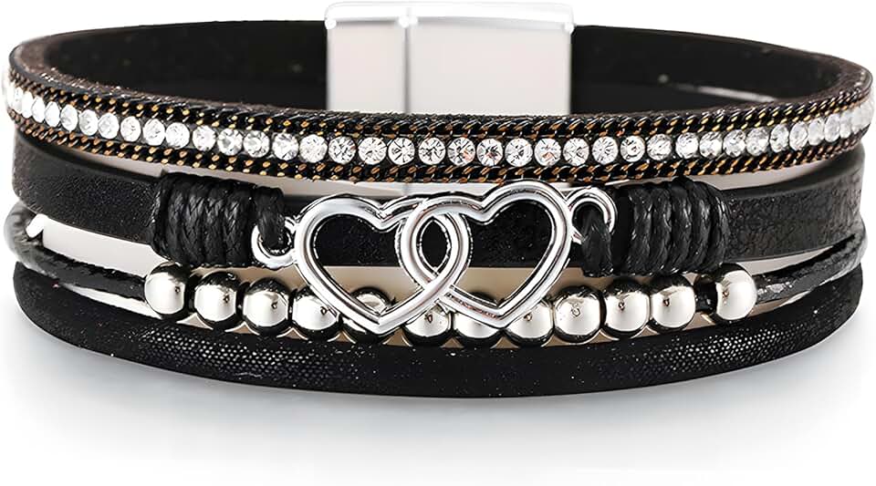 Leather Heart Wrap Bracelet with Beads for Women