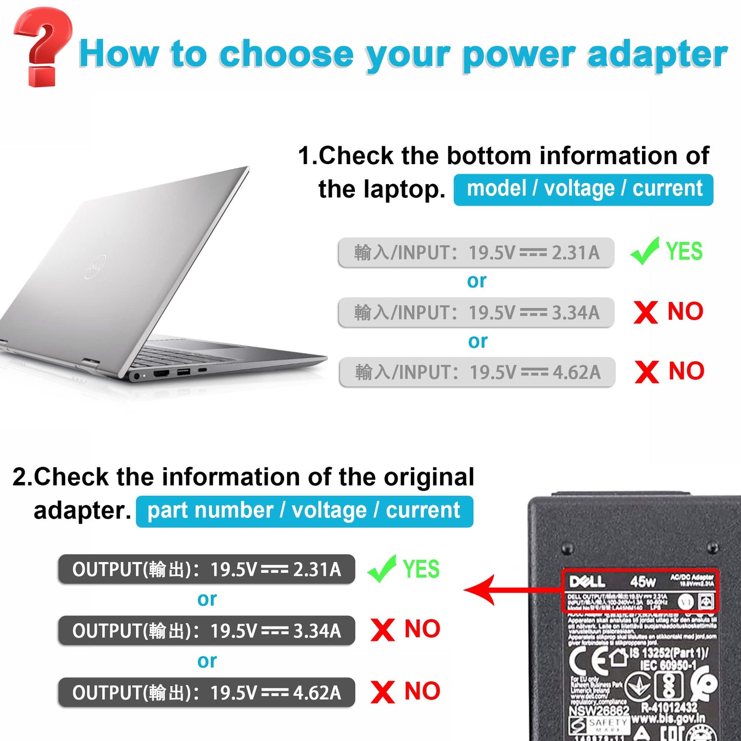 New 45W 19.5V 2.31A AC Adapter Laptop Charger Compatible with Dell Inspiron P51F P25T P24T P57G P58F P69G P54G P28E P66F P35E 3558 7352 5555 5558 5559 5570 5755 5759 5770 5000 3000 Laptop Power Cord
