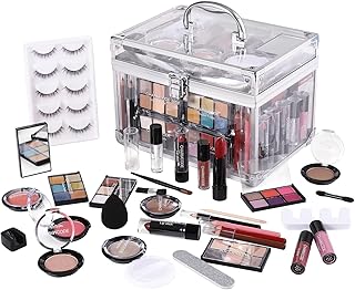 Complete makeup kit with eyeshadow, lips, blush, and tools