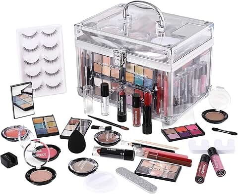 Complete makeup kit with eyeshadow, lips, blush, and tools