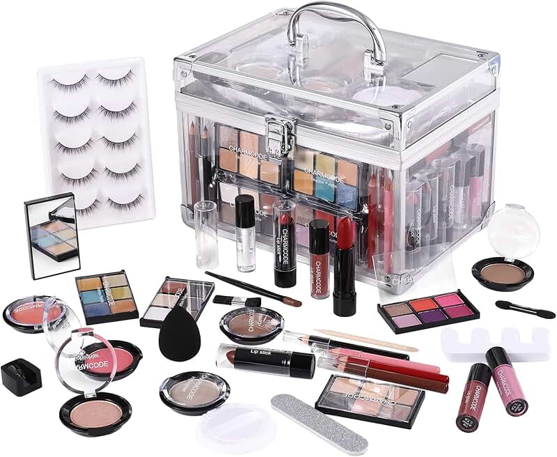 Complete makeup kit with eyeshadow, lips, blush, and tools