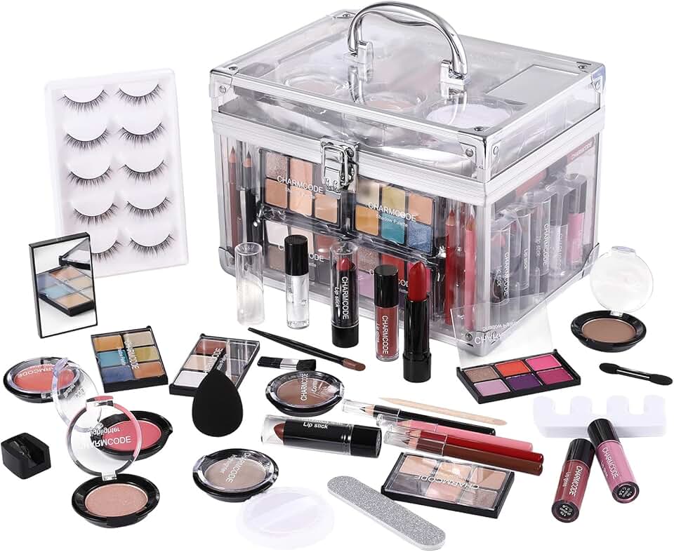 Complete makeup kit with eyeshadow, lips, blush, and tools