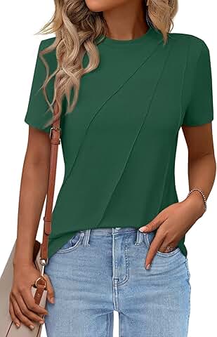 Women's Short Sleeve Pleated Crewneck Loose Fit T-Shirt