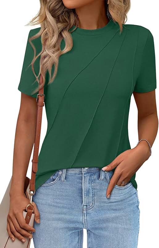 Women's Short Sleeve Pleated Crewneck Loose Fit T-Shirt