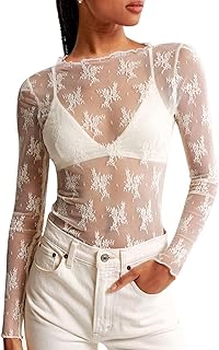 Women's Long Sleeve Lace Mesh Mock Neck Top