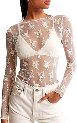 Women's Long Sleeve Lace Mesh Mock Neck Top