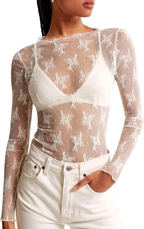 Women's Long Sleeve Lace Mesh Mock Neck Top