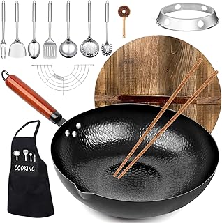 14-Piece Carbon Steel Wok Set with Wooden Lid