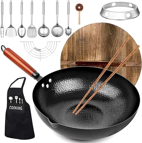 14-Piece Carbon Steel Wok Set with Wooden Lid