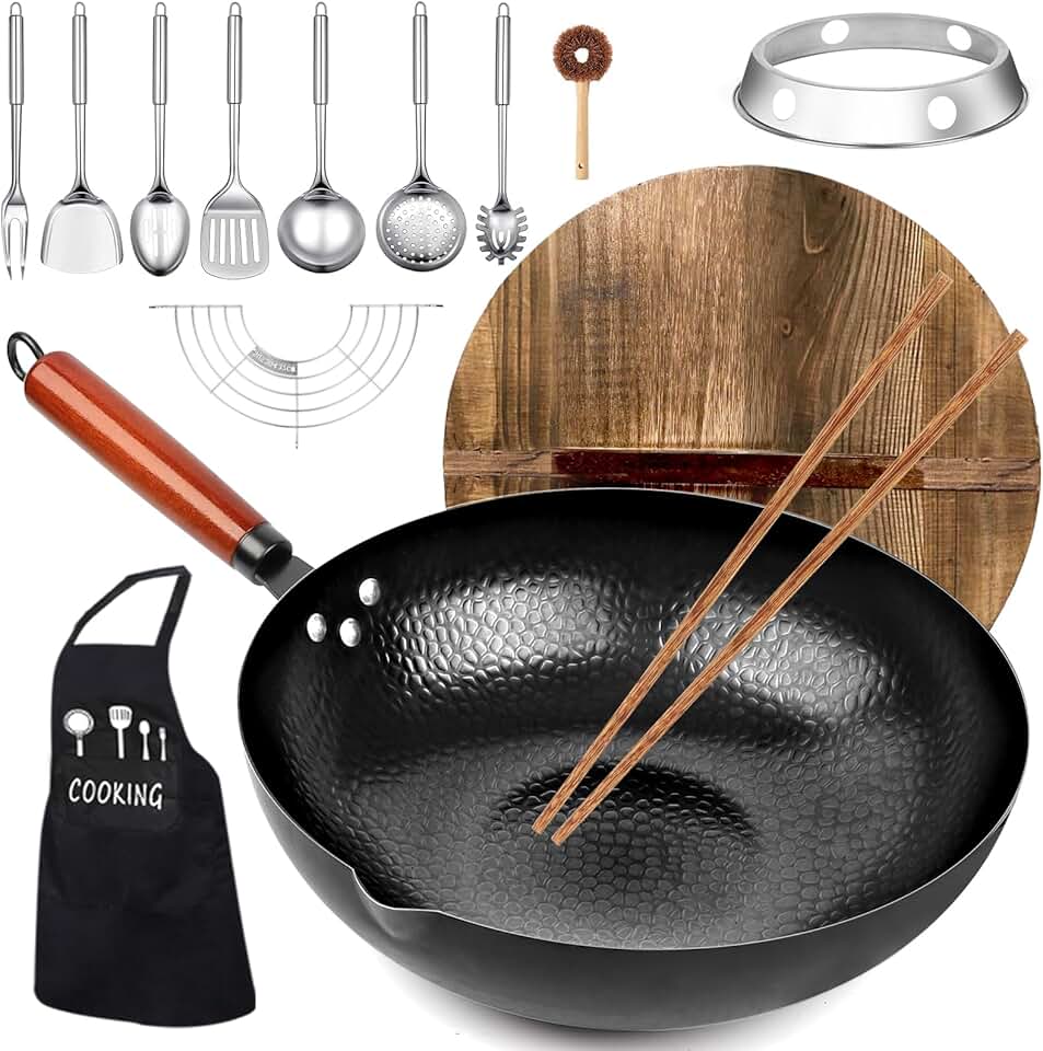 14-Piece Carbon Steel Wok Set with Wooden Lid