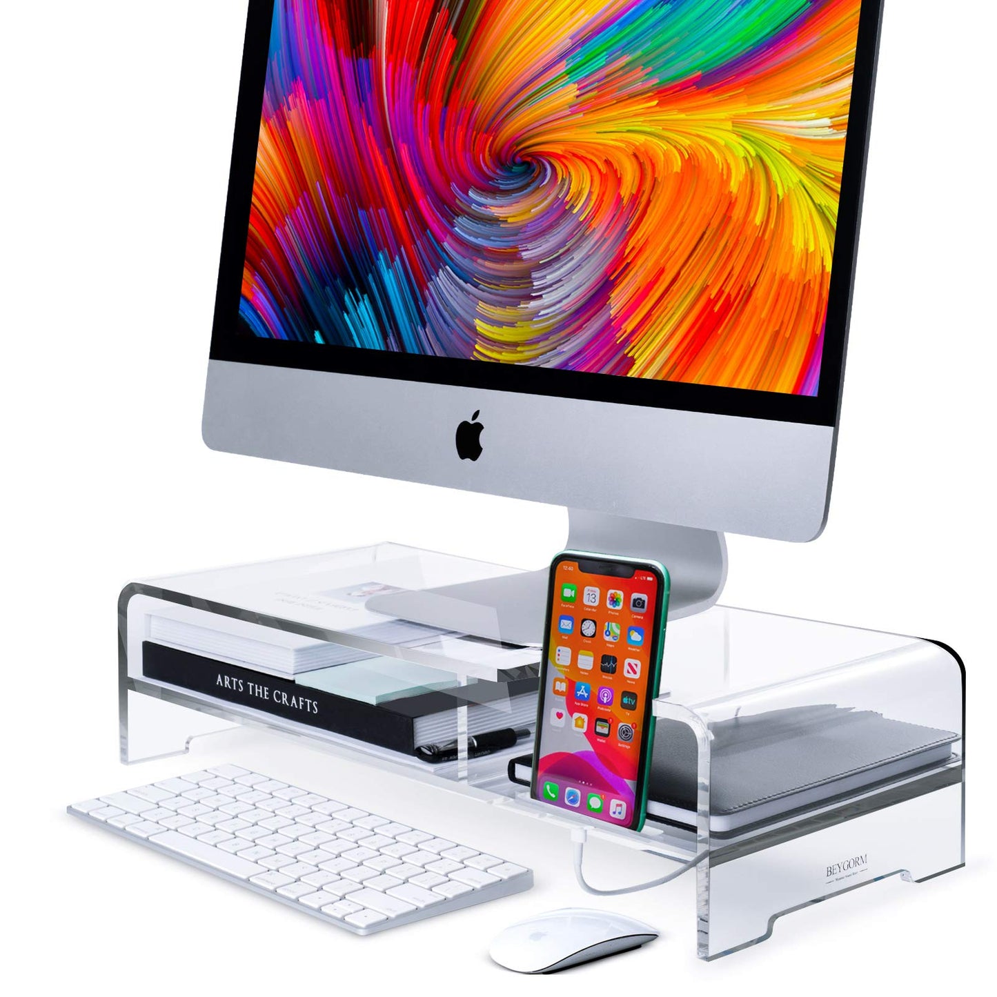 Acrylic Monitor Stand Riser, Wide 20", 2 Tier Computer Stand with Storage, Desk Organizer Desktop Printer Stand Laptop Storage Shelf Screen Holder with Phone Holder(Clear)
