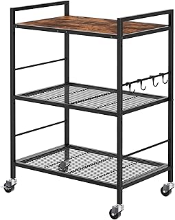 3-Tier Metal Storage Rack with Wheels and Wooden Top
