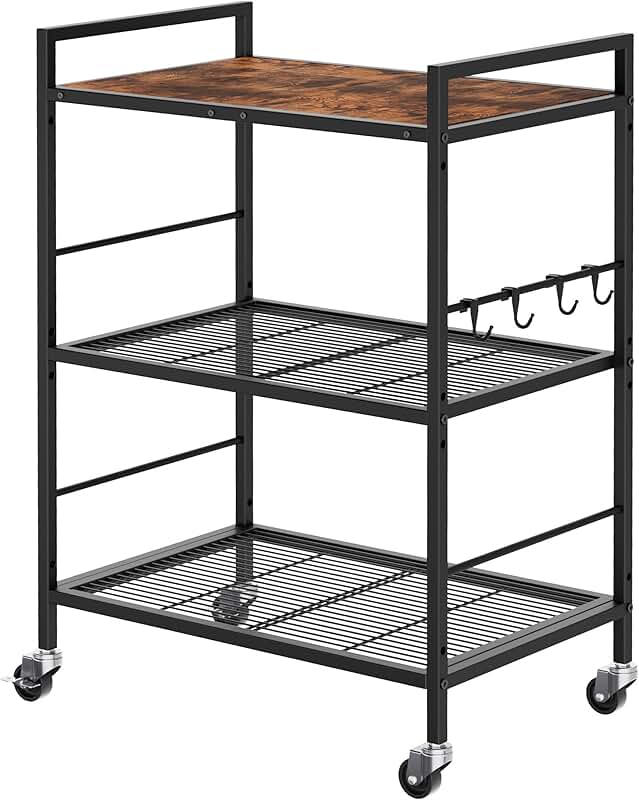 3-Tier Metal Storage Rack with Wheels and Wooden Top