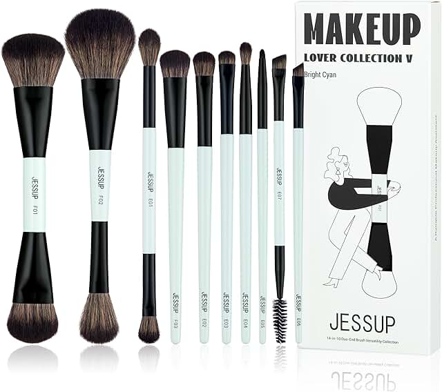 10-Piece Bright Cyan Makeup Brush Set for Face and Eyes