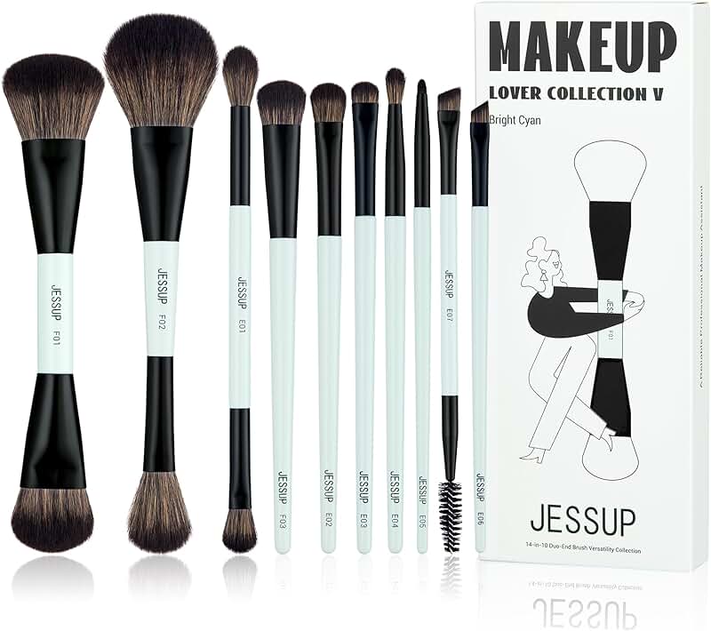 10-Piece Bright Cyan Makeup Brush Set for Face and Eyes