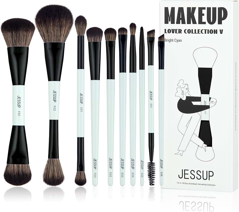 10-Piece Bright Cyan Makeup Brush Set for Face and Eyes