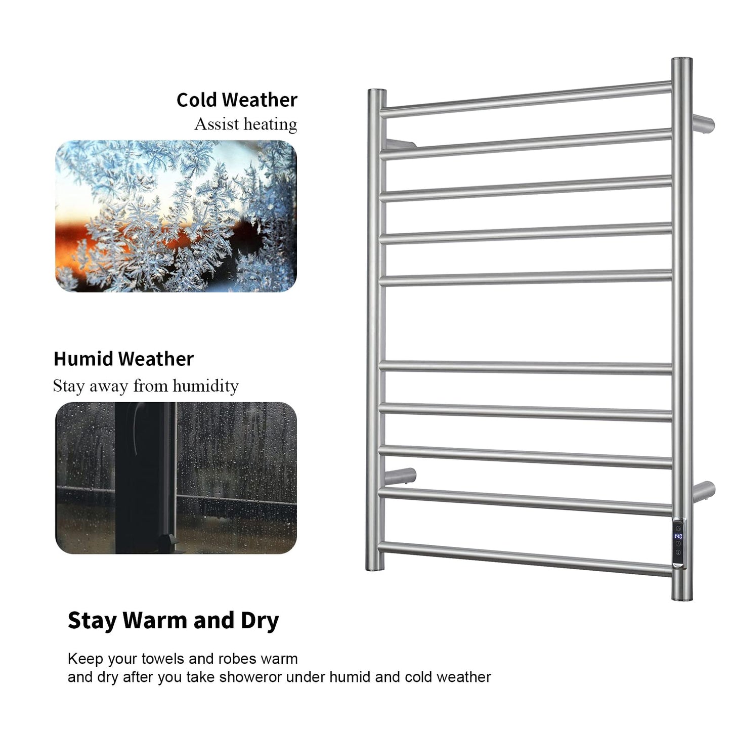 Towel Warmer with Built-in Timer Brushed Nickel for Bathroom Wall Mounted Bath Towel Heater Plug-in Electric Heated Towel Rack Stainless Steel Round Drying Rack ETW25A 80W
