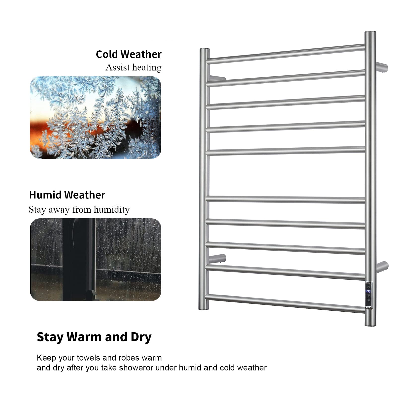 Towel Warmer with Built-in Timer Brushed Nickel for Bathroom Wall Mounted Bath Towel Heater Plug-in Electric Heated Towel Rack Stainless Steel Round Drying Rack ETW25A 80W
